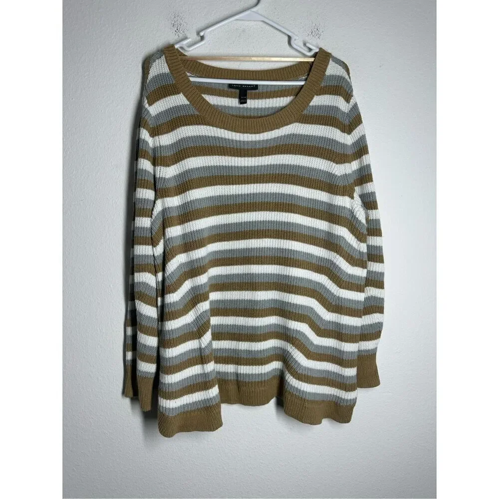 Lane Bryant Women's Curved-Hem Ribbed Sweater Tan/Gray Sz 22/24 Cotton Blend